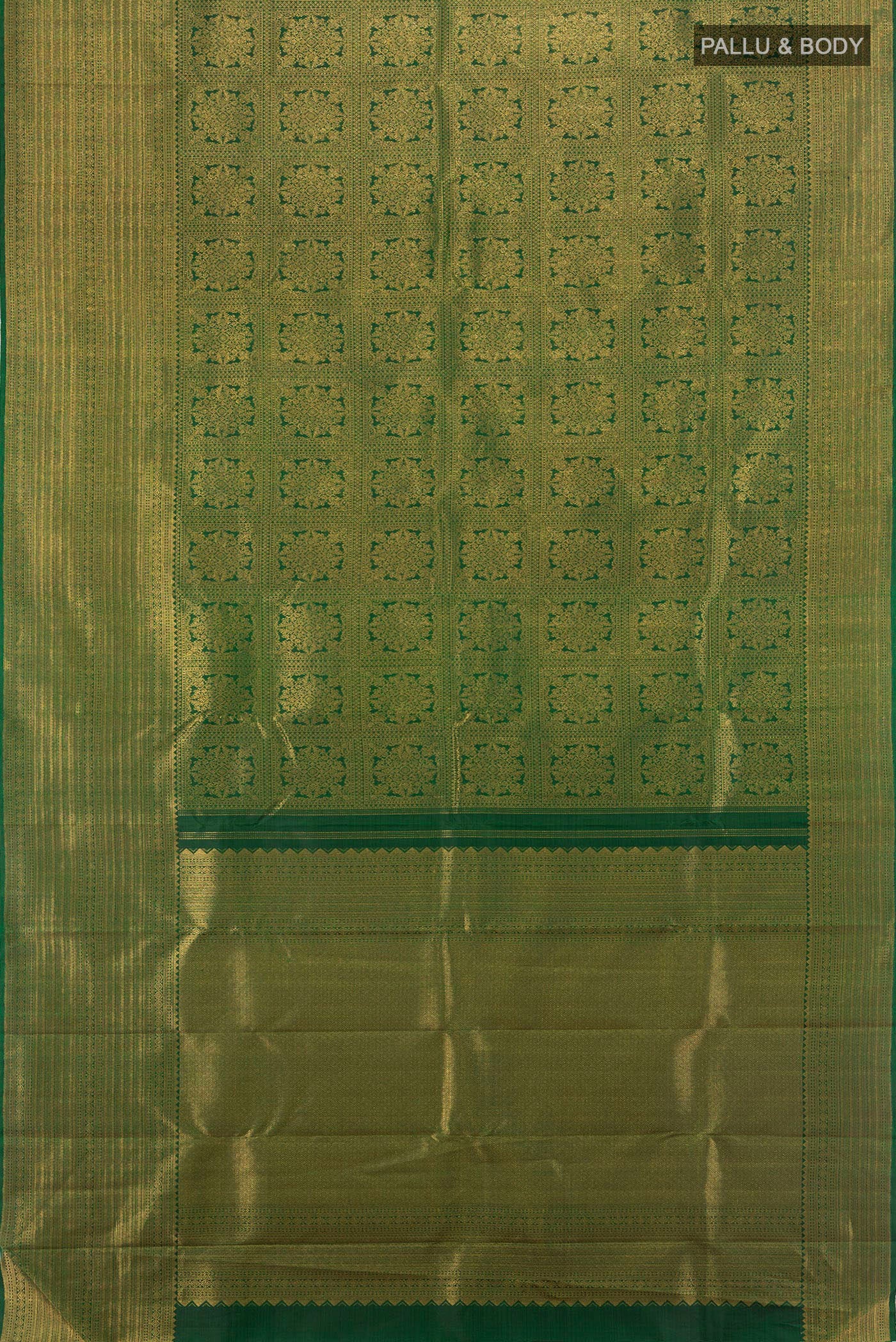 Flat view of Bottle Green Kanchipuram Silk Saree with Zari Brocade on the body and Zari Border. 