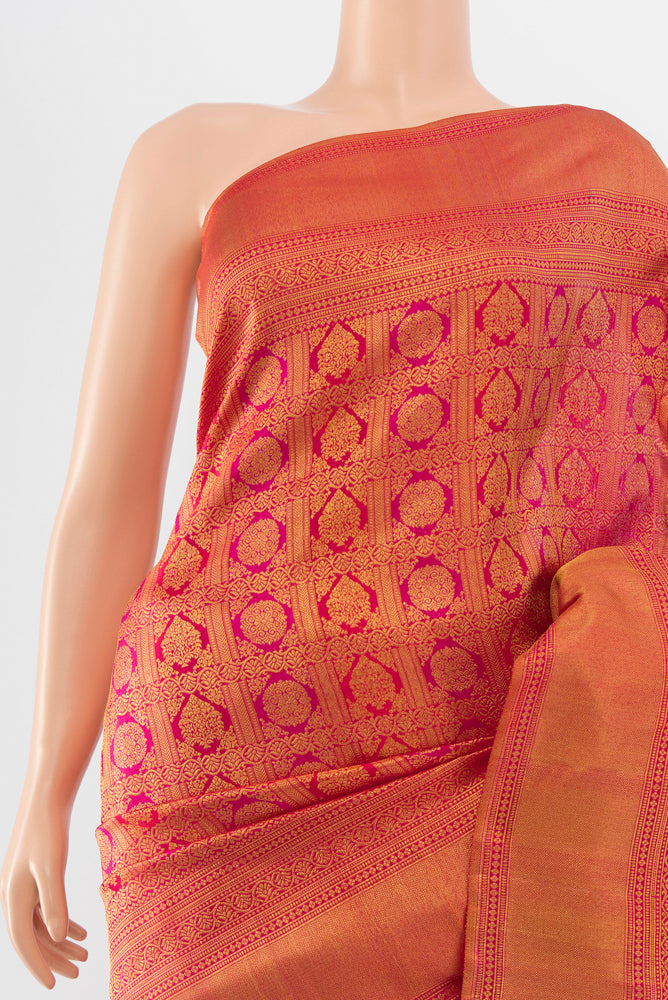 Border image of Peach Kanchipuram Silk Saree with Zari Brocade on the body and Silk Border. 