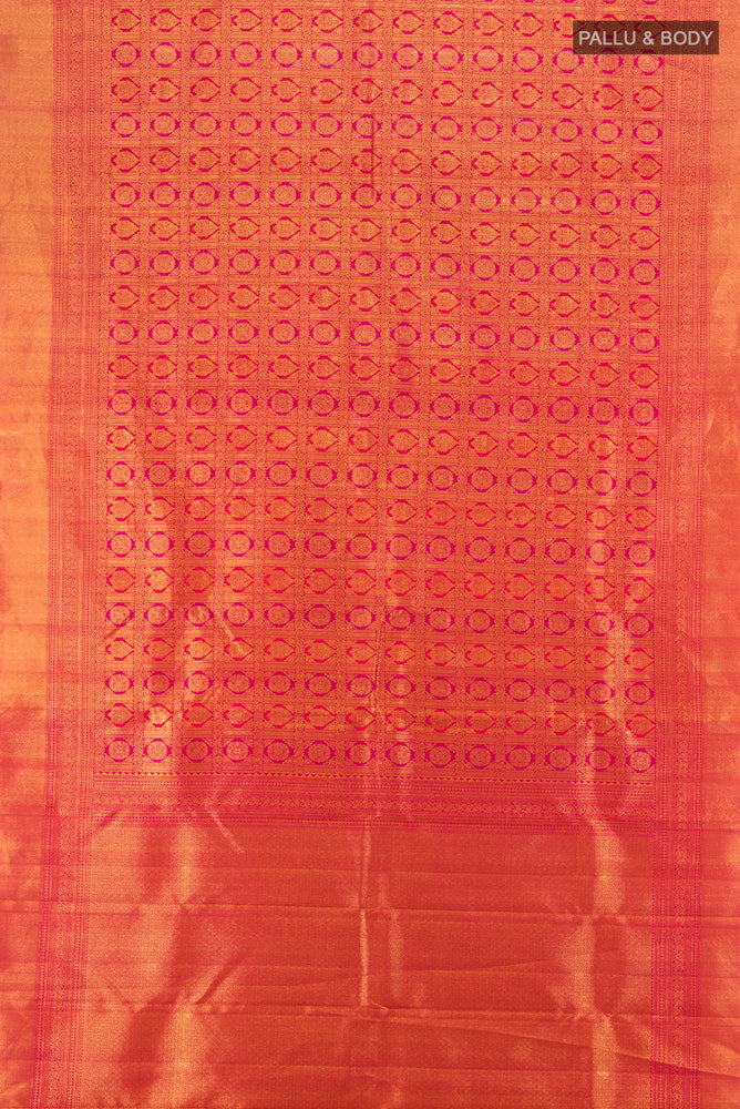 Flat view of Peach Kanchipuram Silk Saree with Zari Brocade on the body and Silk Border. 