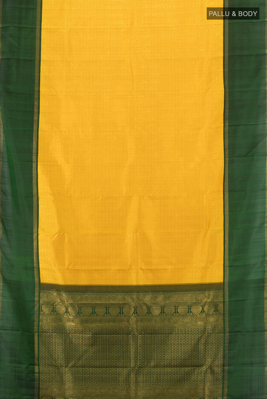 Flat view of Pure Silk Pure Zari Yellow Kanchipuram Saree with Zari Butta on the body and Silk Border. 