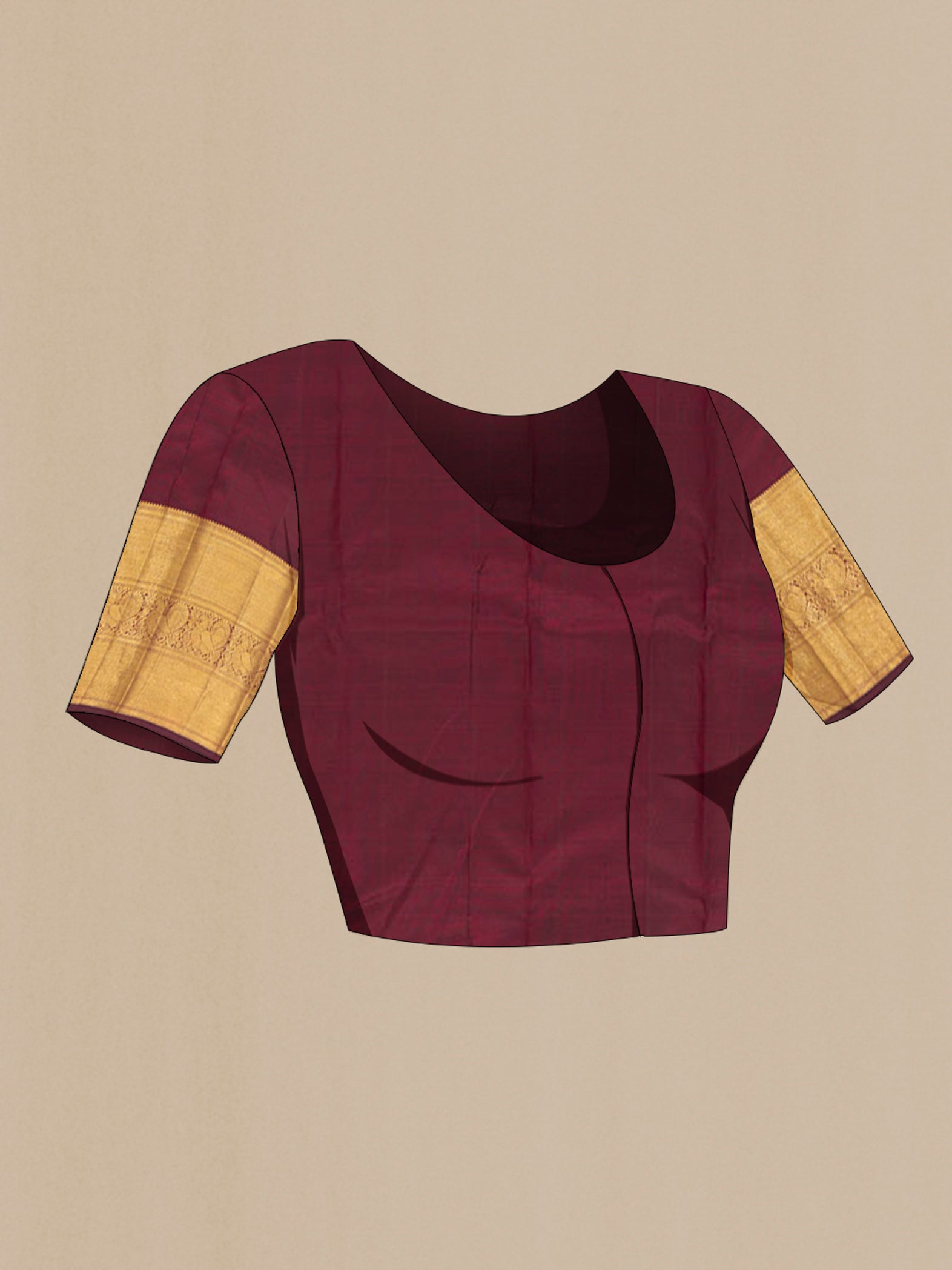 Close up image of the blouse of Pure Silk Pure Zari Maroon Kanchipuram Saree with Zari Butta on the body and Silk Border. 