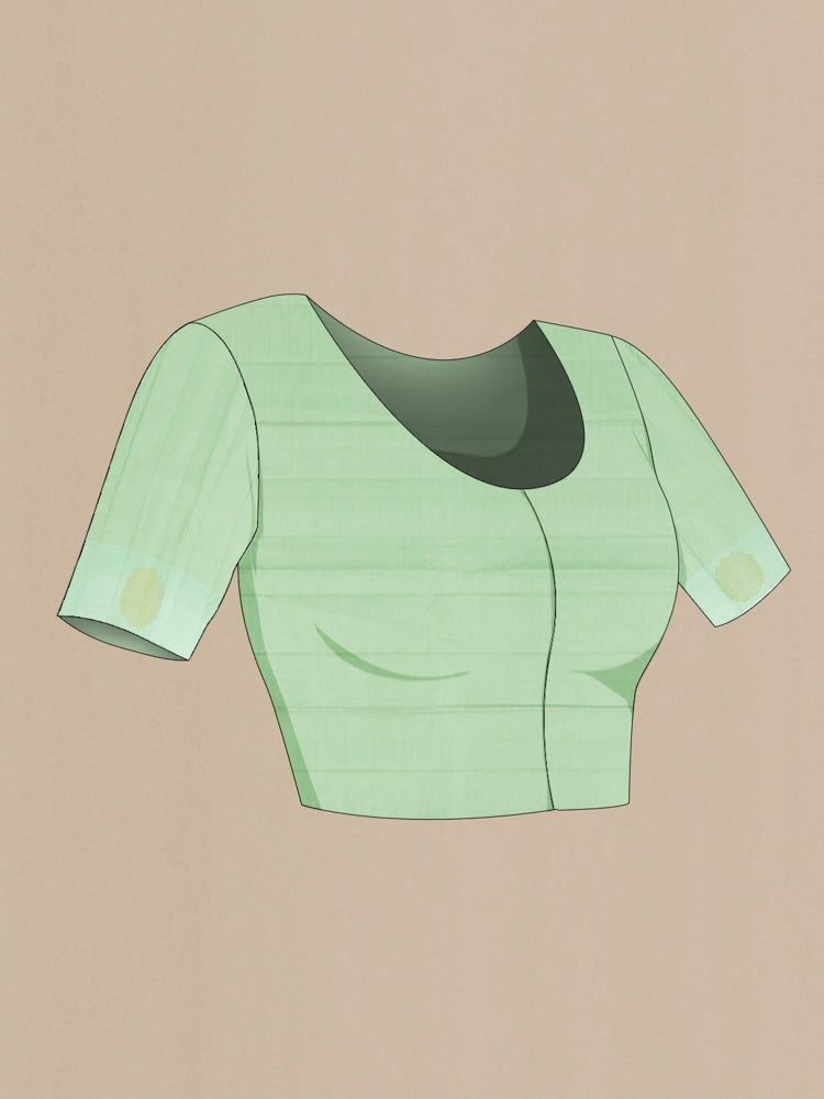 Close up image of the blouse of Pista Green Kanchipuram Silk Saree with Zari Butta on the body and Fancy Border. 
