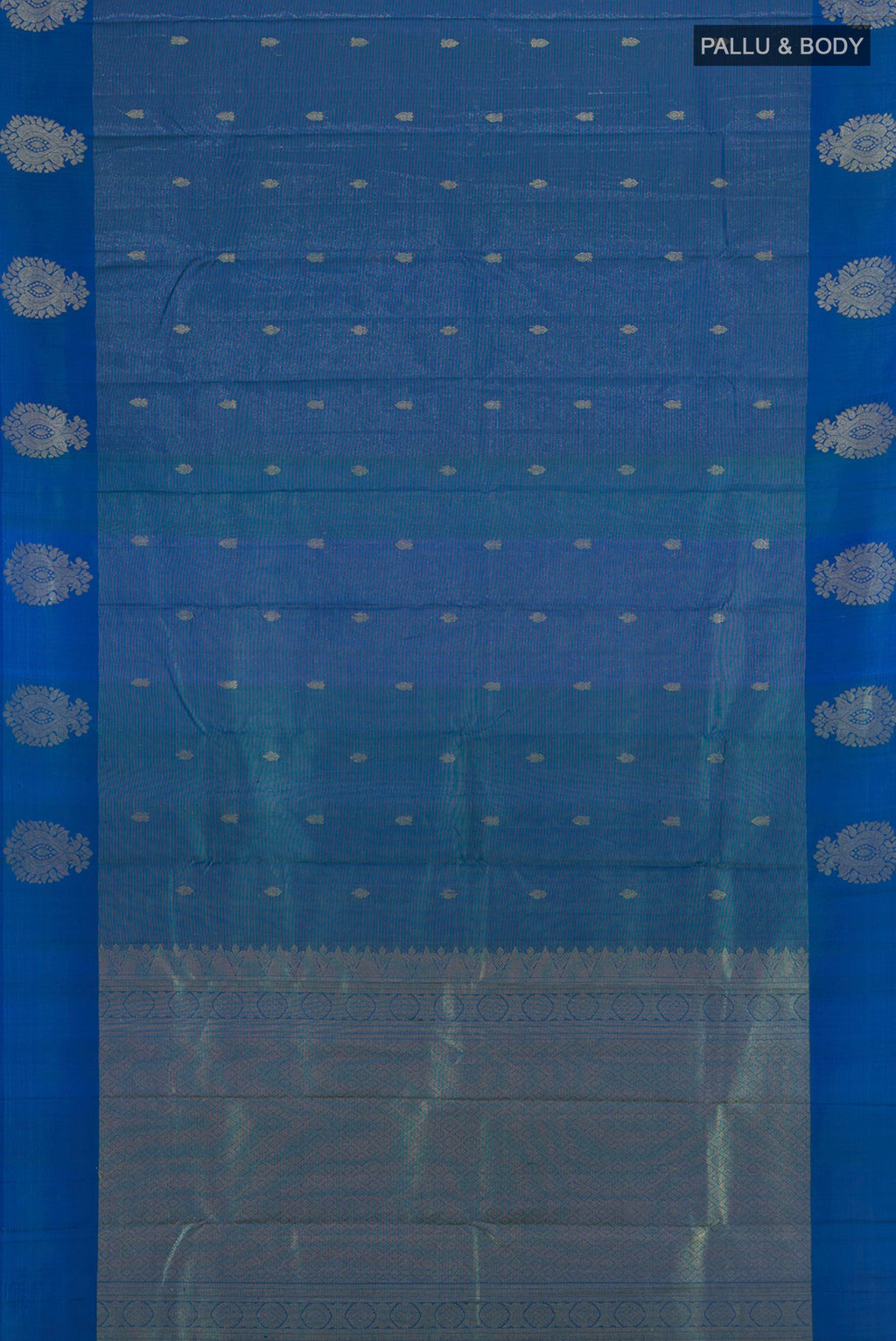 Flat view of Blue Kanchipuram Silk Saree with Zari Butta on the body and Zari Border. 