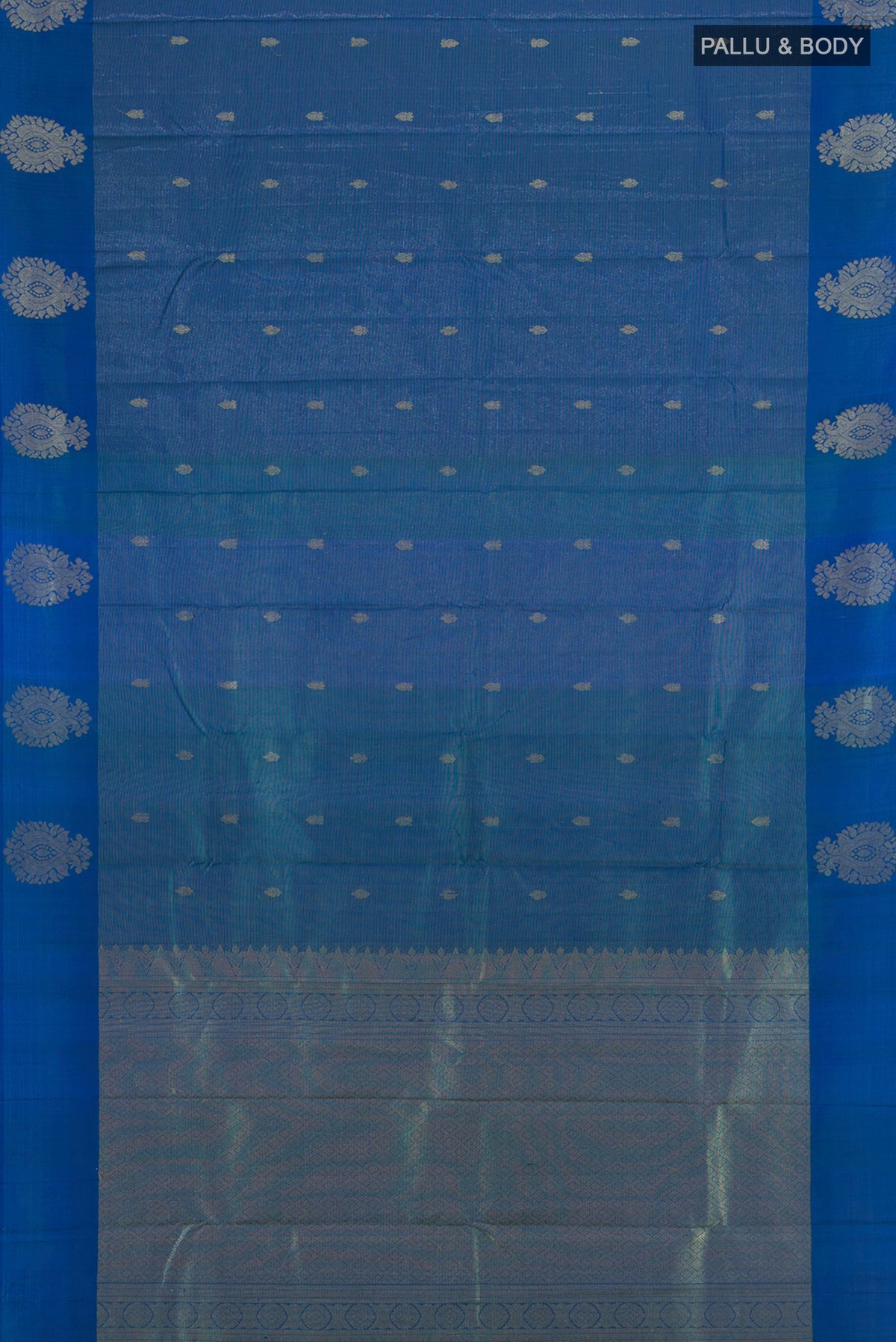 Flat view of Blue Kanchipuram Silk Saree with Zari Butta on the body and Zari Border. 