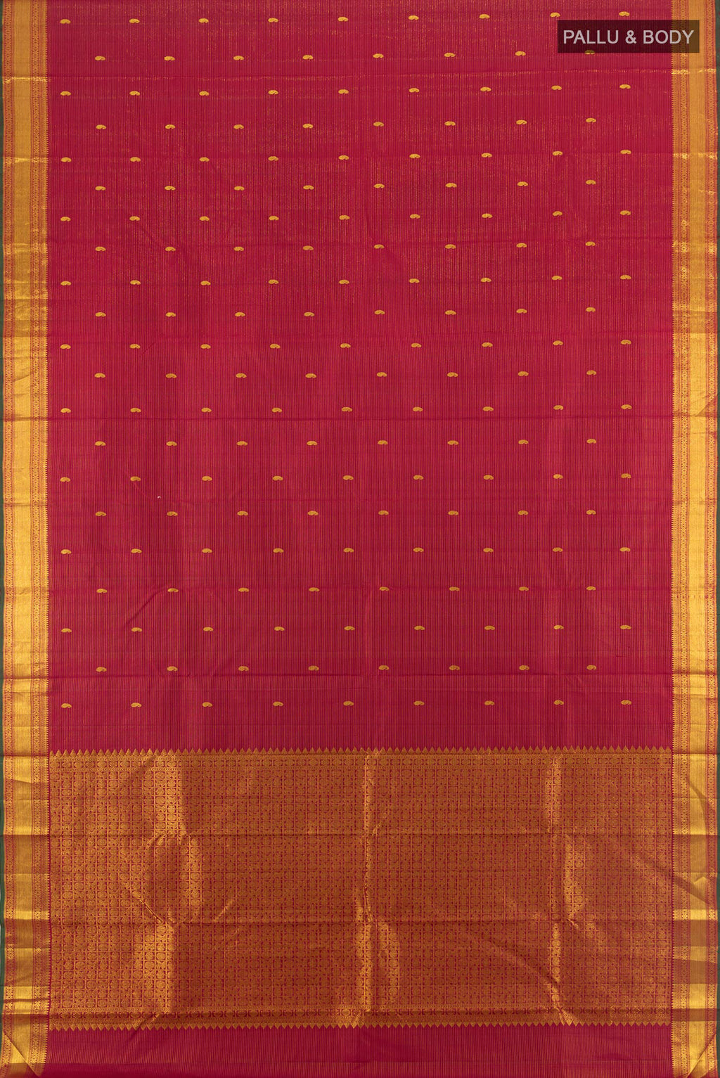 Flat view of Pure Silk Pure Zari Maroon Kanjivaram Saree with Zari Butta on the body and Zari Border. 