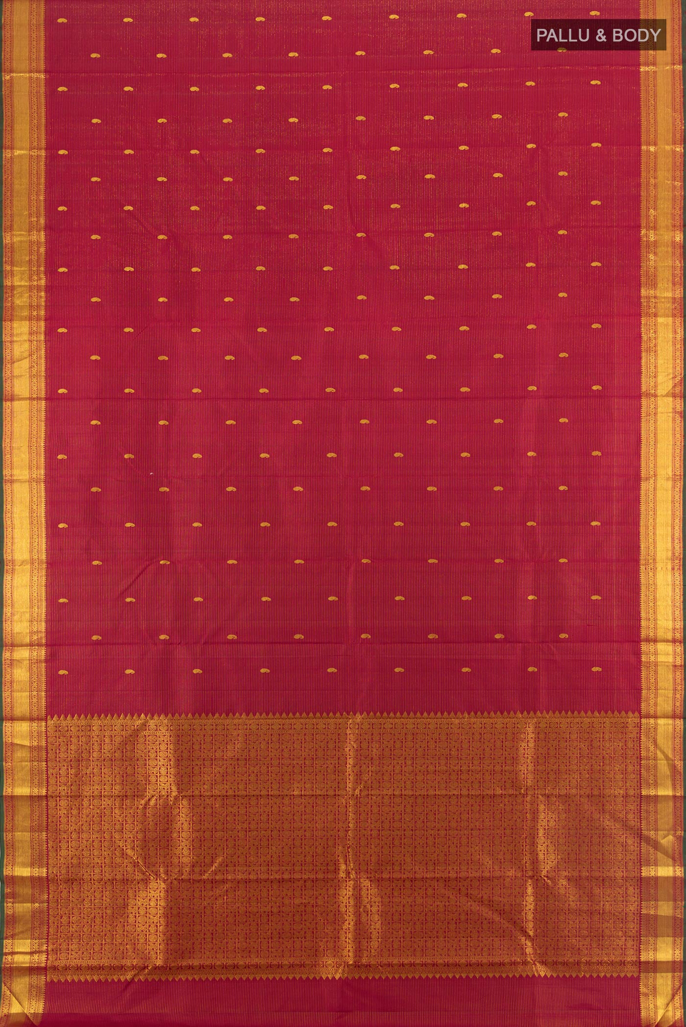 Flat view of Pure Silk Pure Zari Maroon Kanjivaram Saree with Zari Butta on the body and Zari Border. 