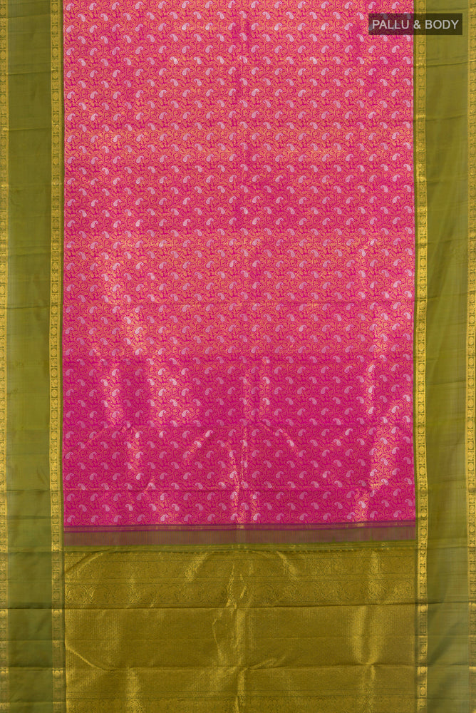 Flat view of Pure Silk Pure Zari Purple Kanchipuram Saree with Zari Butta on the body and Silk Border. 