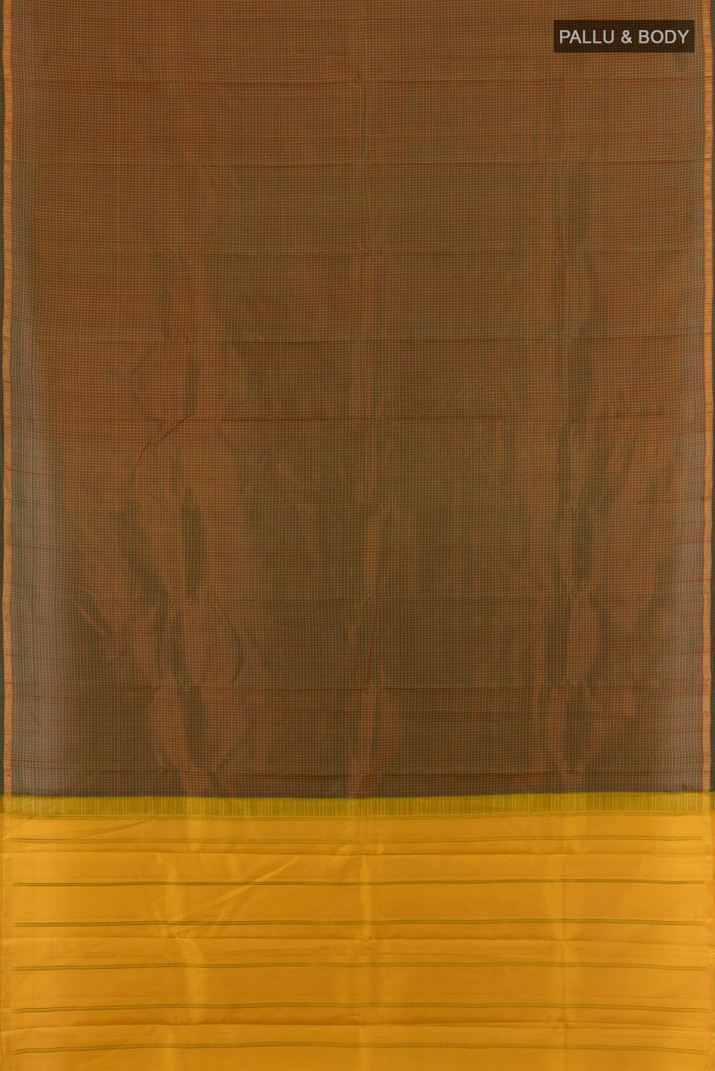 Flat view of Pure Silk Pure Zari Mehandi Green Kanjivaram Saree with Zari Butta on the body and Silk Border. 