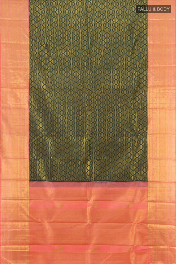 Flat view of Bottle Green Kanchipuram Silk Saree with Zari Butta on the body and Silk Border. 