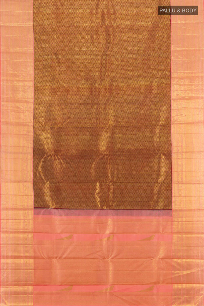 Flat view of Maroon Kanchipuram Silk Saree with Zari Butta on the body and Silk Border. 