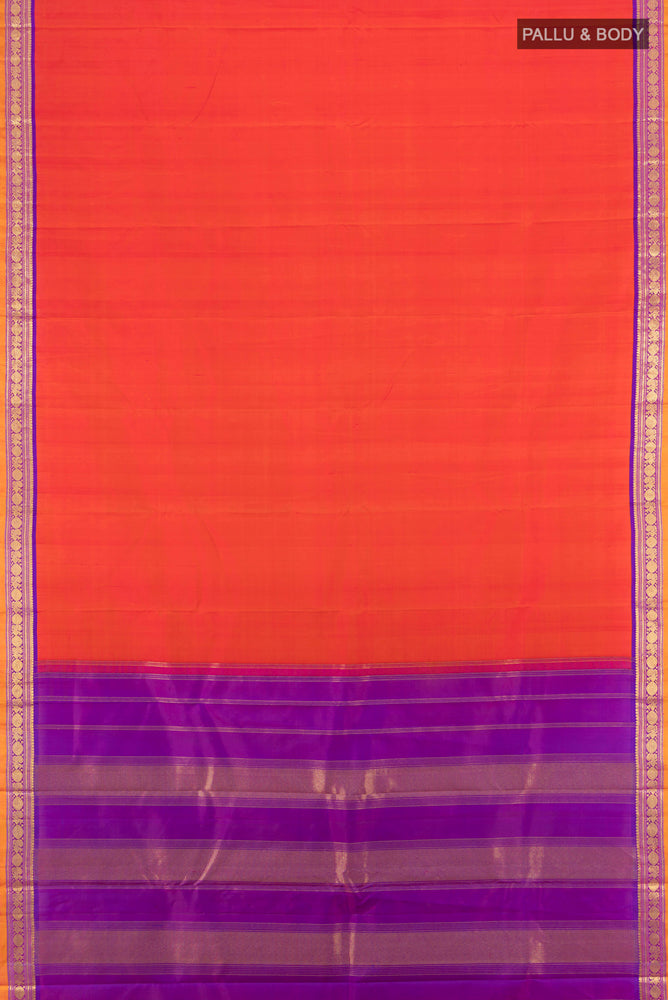Flat view of Peach Kanjivaram Silk Saree with Zari Butta on the body and Silk Border. 