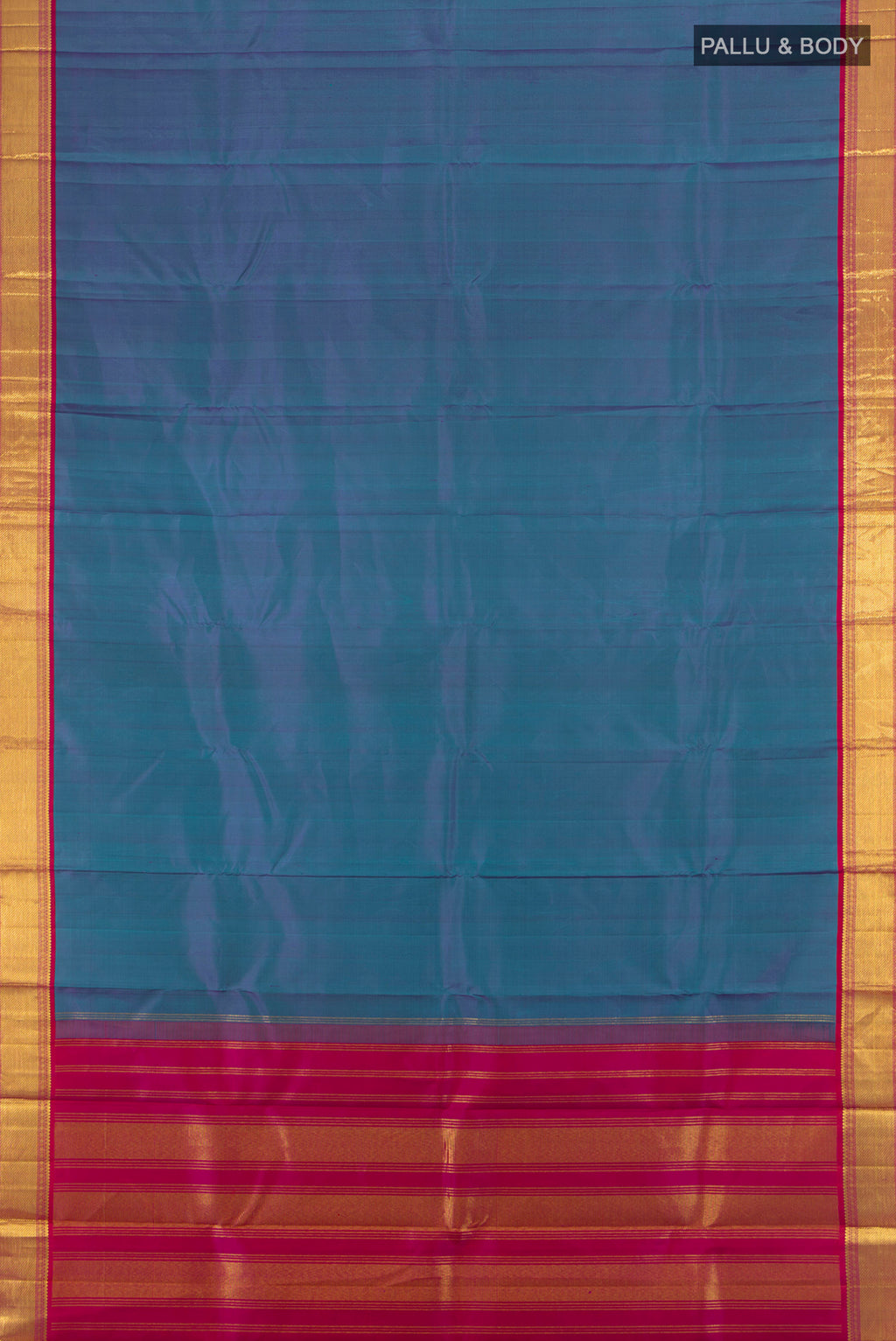 Flat view of Multi Color Kanchipuram Silk Saree with Plain Body and Zari Border. 