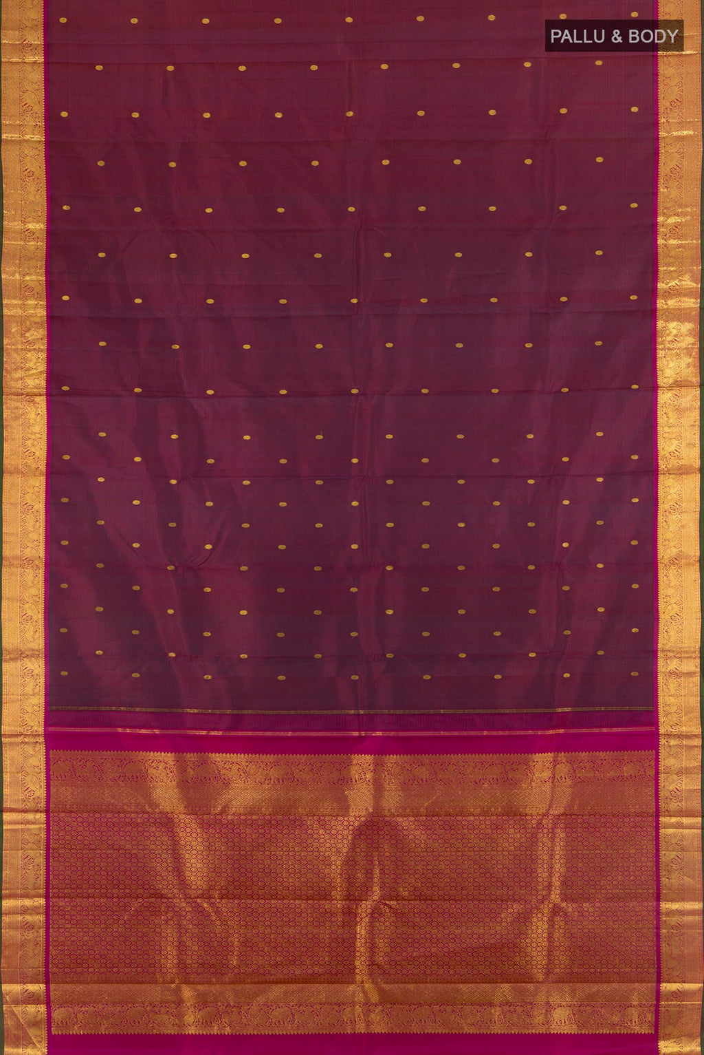 Flat view of Maroon Kanjivaram Silk Saree with Zari Butta on the body and Zari Border. 