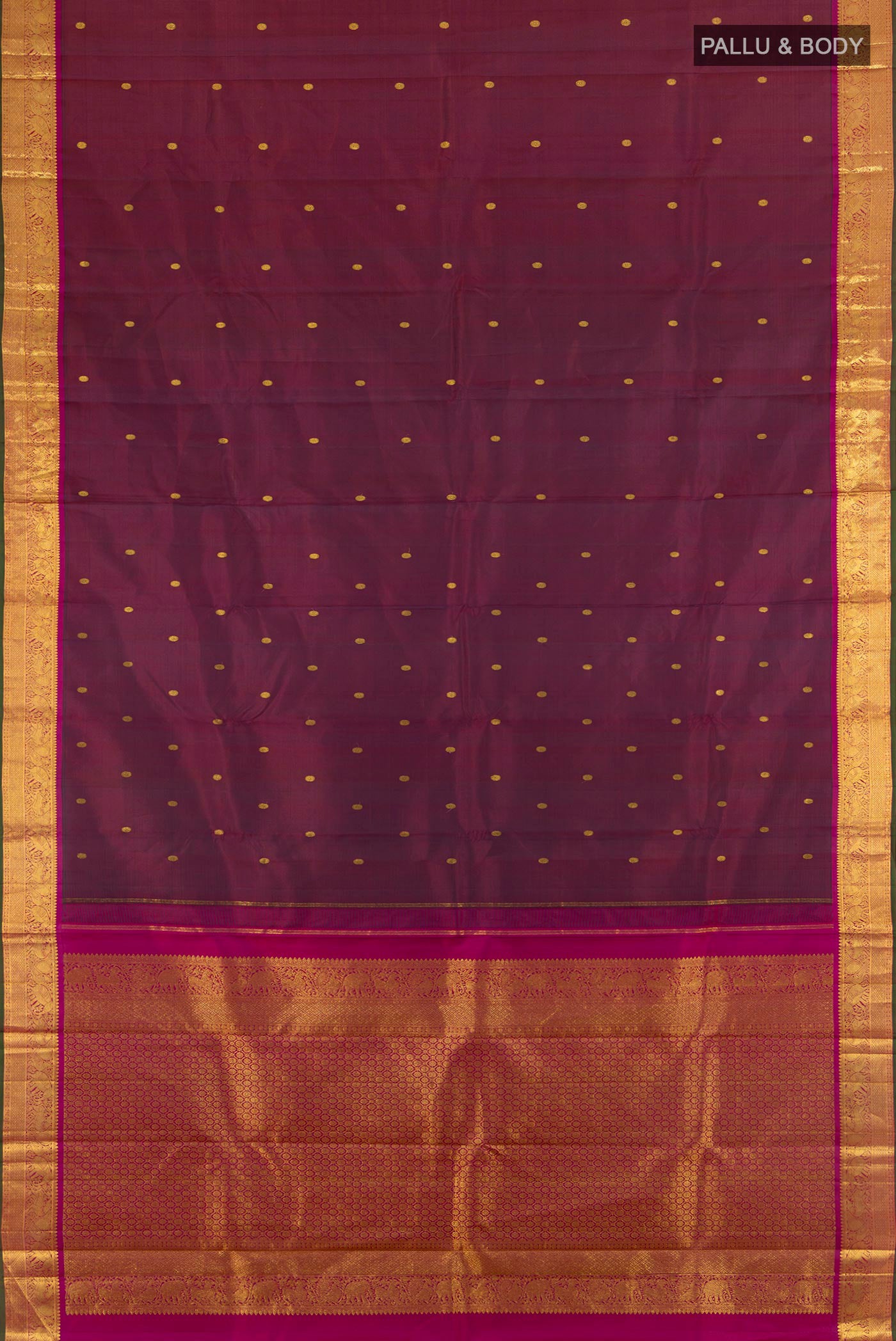Flat view of Maroon Kanjivaram Silk Saree with Zari Butta on the body and Zari Border. 