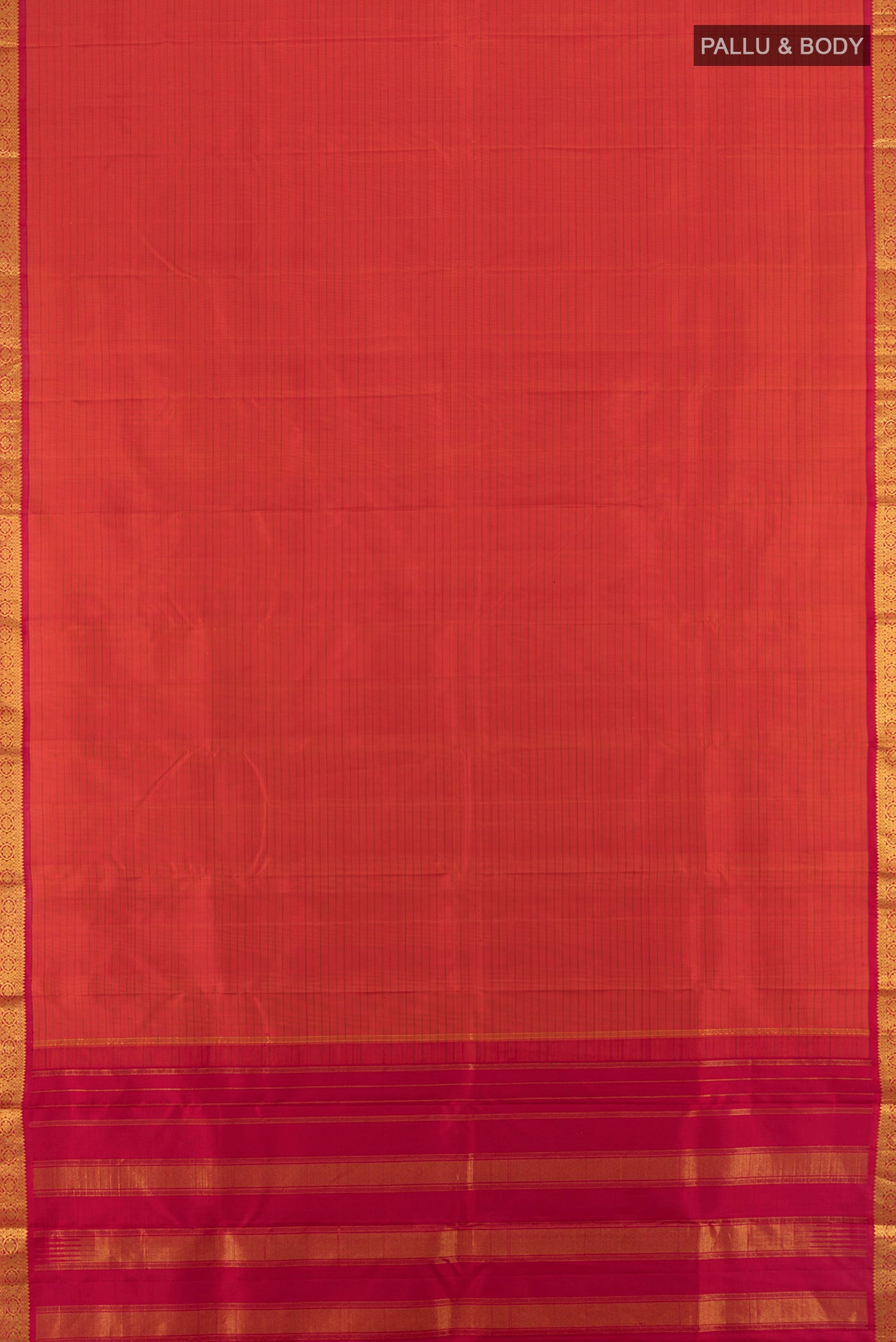 Flat view of Brick Orange Kanchipuram Silk Saree with Stripes on the body and Zari Border. 
