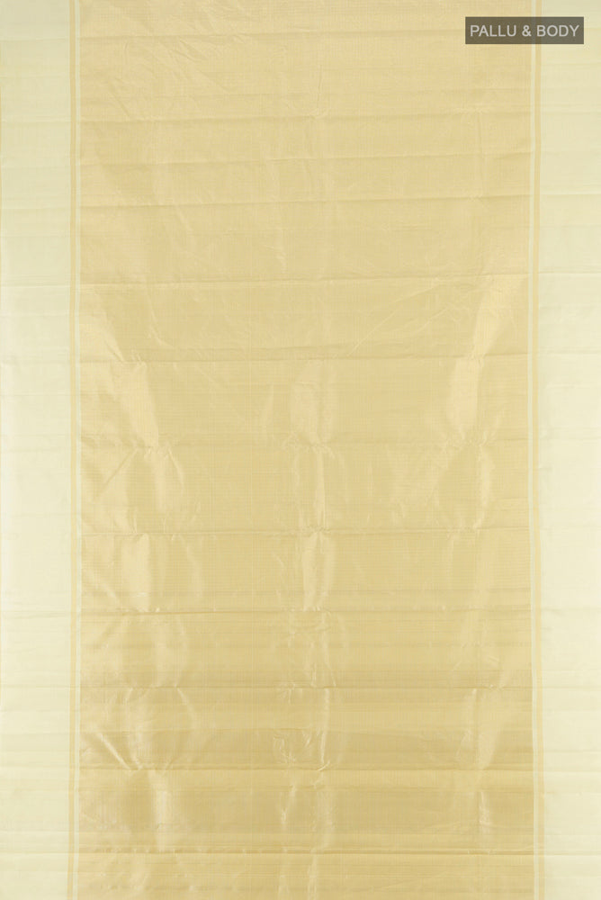 Flat view of Pure Silk Pure Zari Golden Kanjivaram Saree with Zari Butta on the body and Silk Border. 