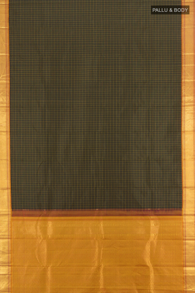 Flat view of Black Kanjivaram Silk Saree with Zari Butta on the body and Silk Border. 