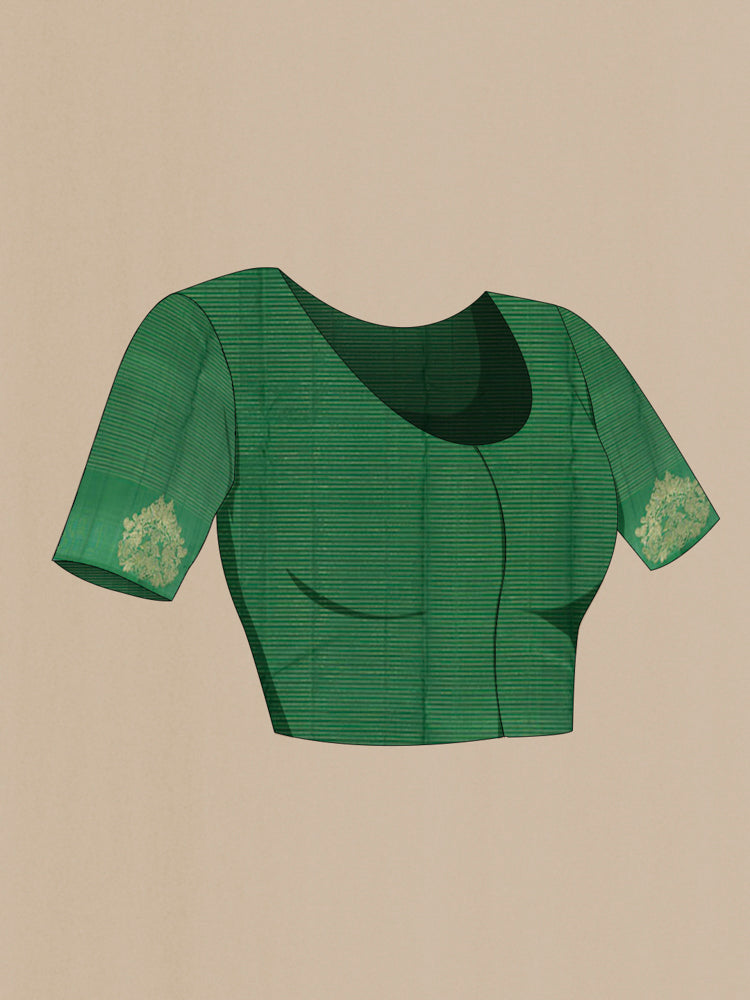 Close up image of the blouse of Bottle Green Kanjivaram Silk Saree with Zari Butta on the body and Silk Border. 