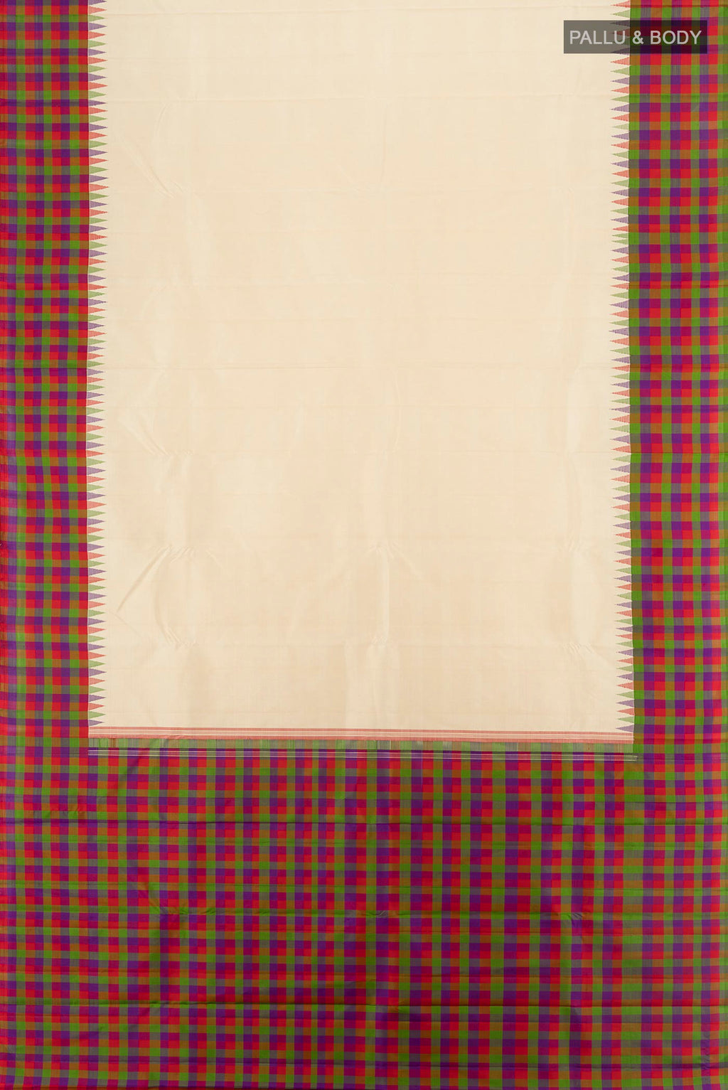Flat view of Pure Silk Pure Zari Cream Kanjivaram Saree with Zari Butta on the body and Silk Border. 