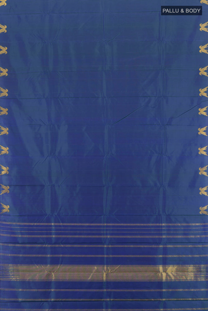 Flat view of Pure Silk Pure Zari Dark Blue Kanjivaram Saree with Zari Butta on the body and Silk Border. 