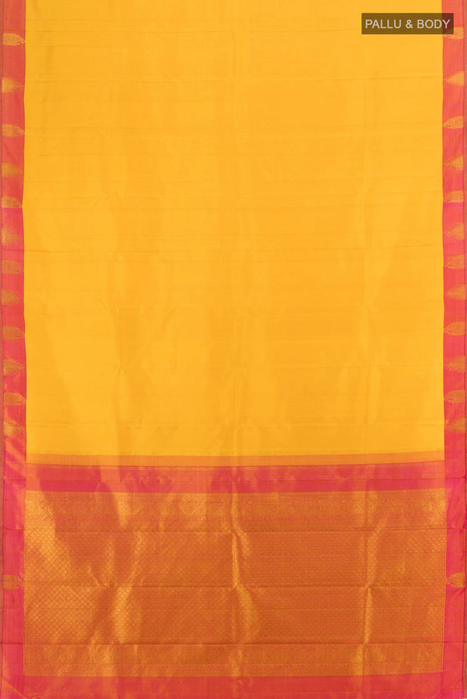 Flat view of Mustard Kanjivaram Silk Saree with Zari Brocade on the body and Silk Border. 