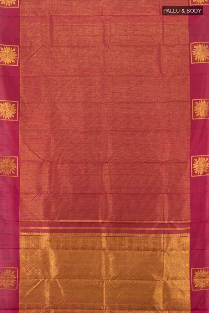 Flat view of Pure Silk Pure Zari Maroon Kanjivaram Saree with Zari Butta on the body and Silk Border. 