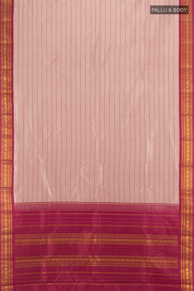 Flat view of Multi Color Kanjivaram Silk Saree with Zari Brocade on the body and Silk Border. 