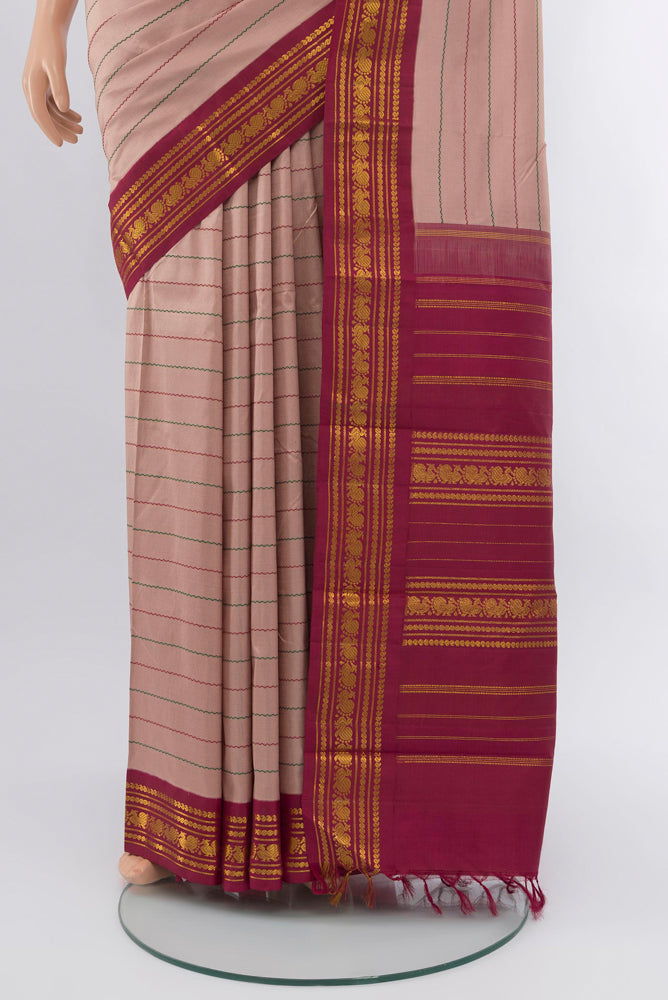 Pleats and pallu of Multi Color Kanjivaram Silk Saree with Zari Brocade on the body and Silk Border. 