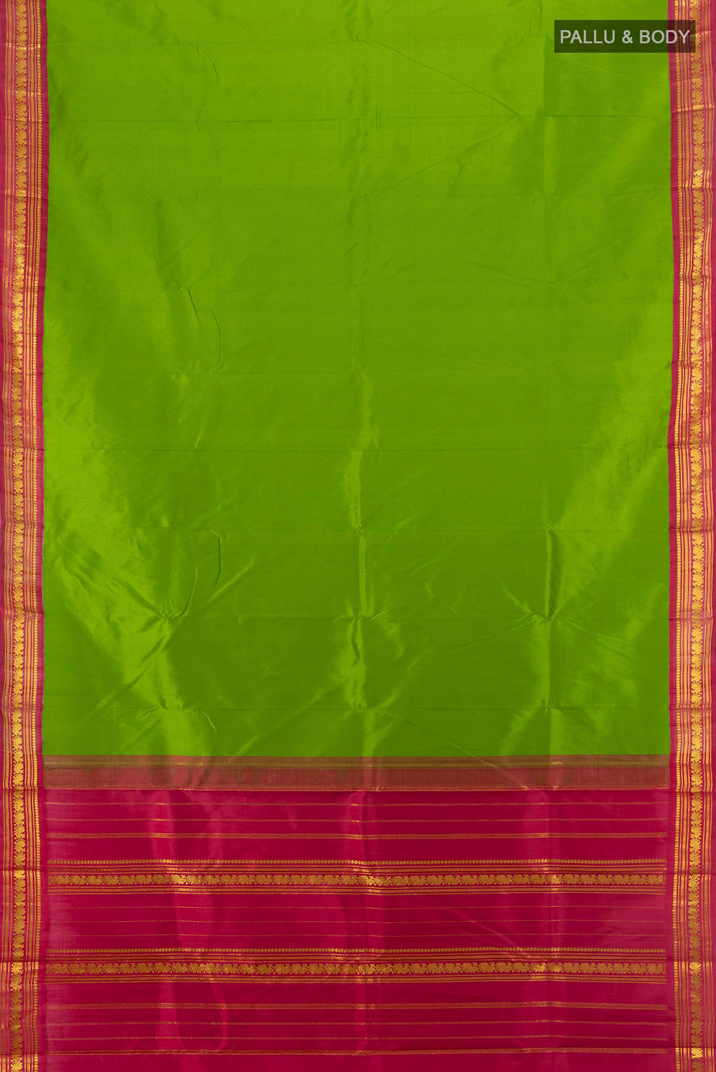 Flat view of Pure Silk Pure Zari Parrot Green Kanjivaram Saree with Zari Butta on the body and Zari Border. 