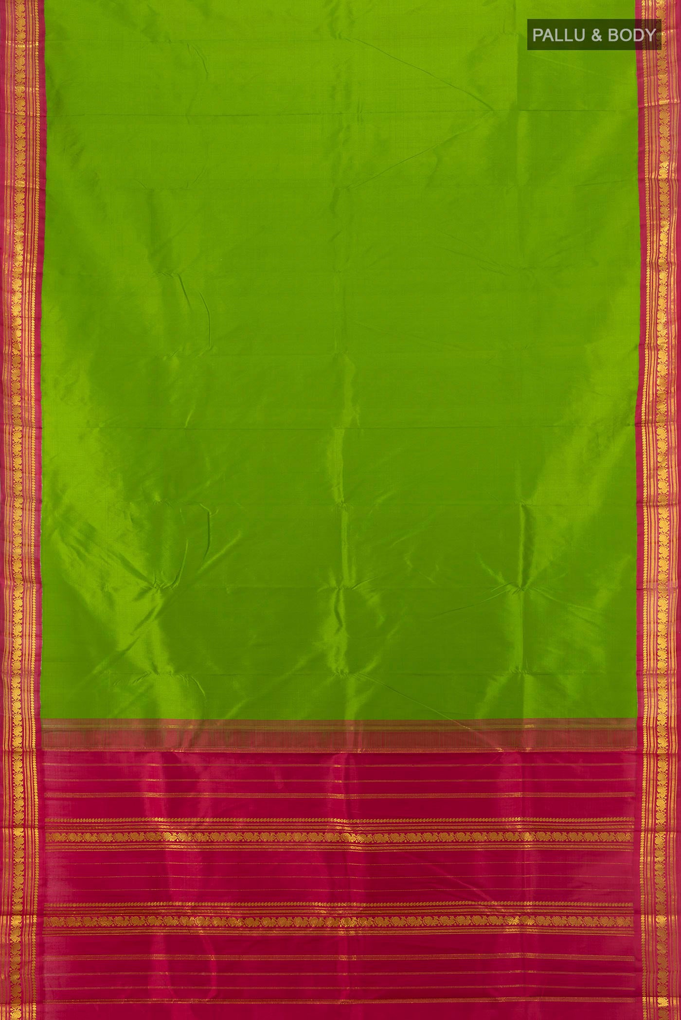 Flat view of Pure Silk Pure Zari Parrot Green Kanjivaram Saree with Zari Butta on the body and Zari Border. 