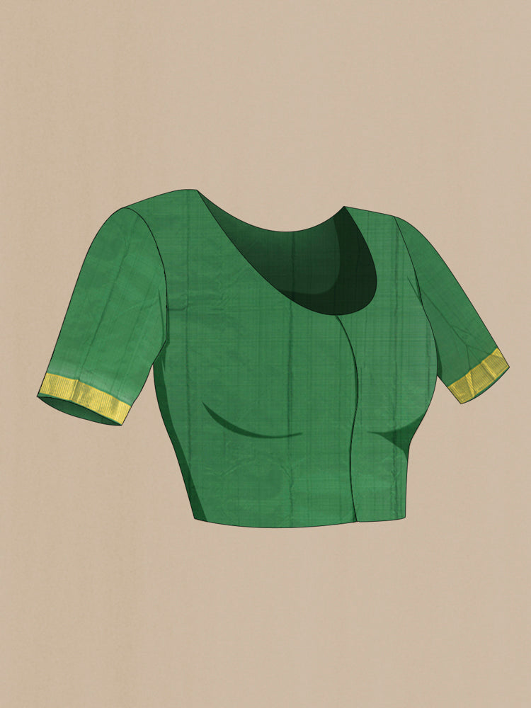 Close up image of the blouse of Bottle Green Kanjivaram Silk Saree with Plain Body and Silk Border. 