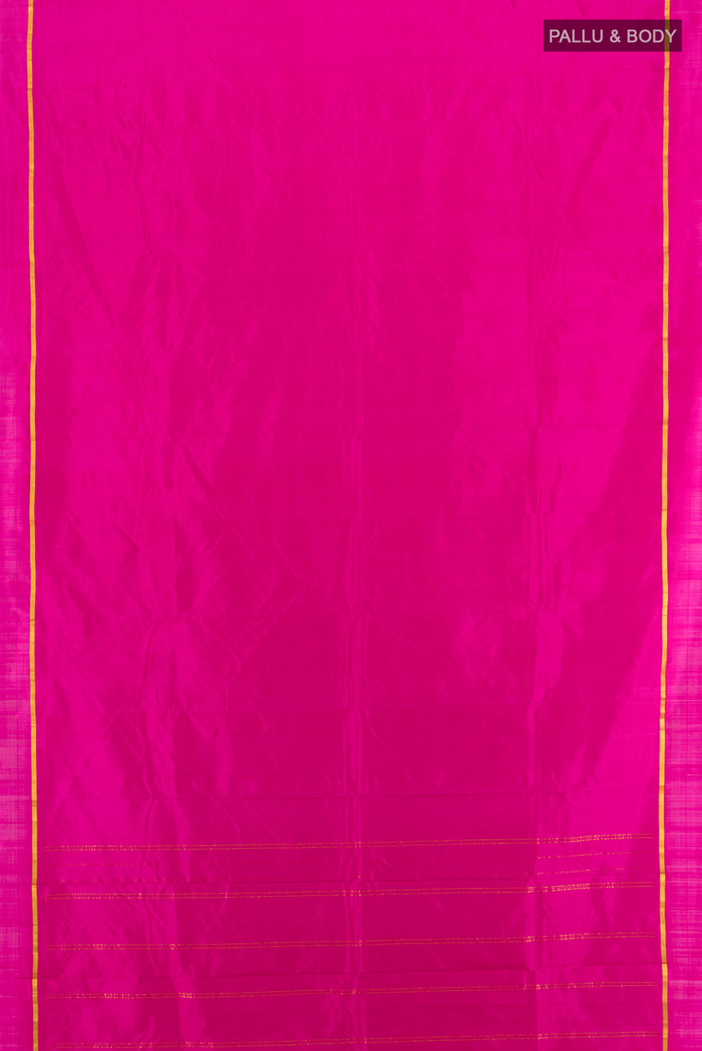 Flat view of Magenta Kanjivaram Silk Saree with Plain Body and Zari Border. 