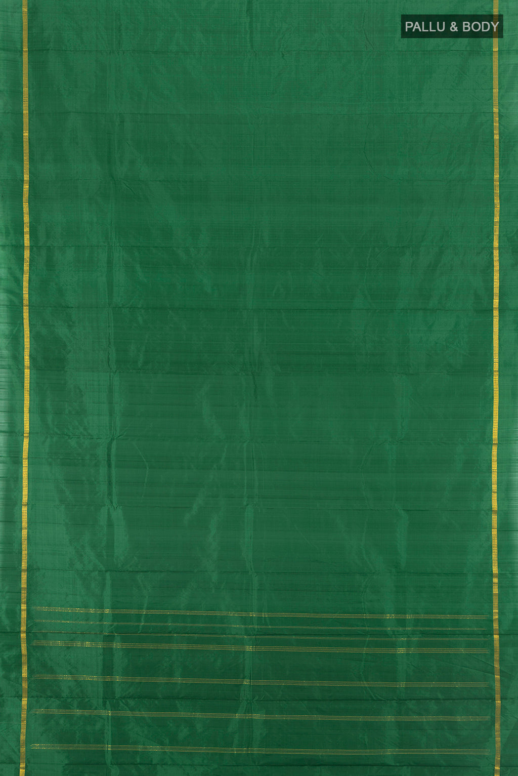 Flat view of Bottle Green Kanchipuram Silk Saree with Plain Body and Zari Border. 