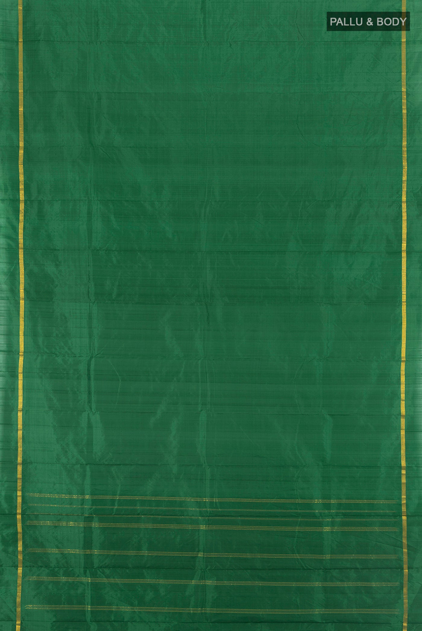 Flat view of Bottle Green Kanchipuram Silk Saree with Plain Body and Zari Border. 