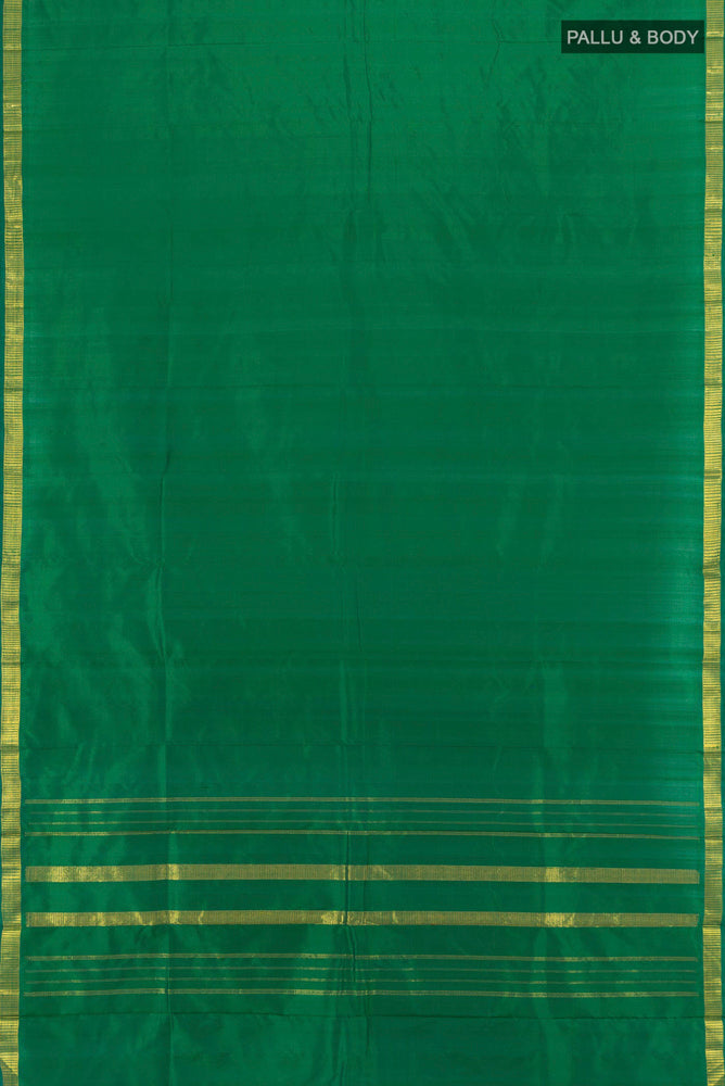 Flat view of Light Green Kanchipuram Silk Saree with Plain Body and Silk Border. 