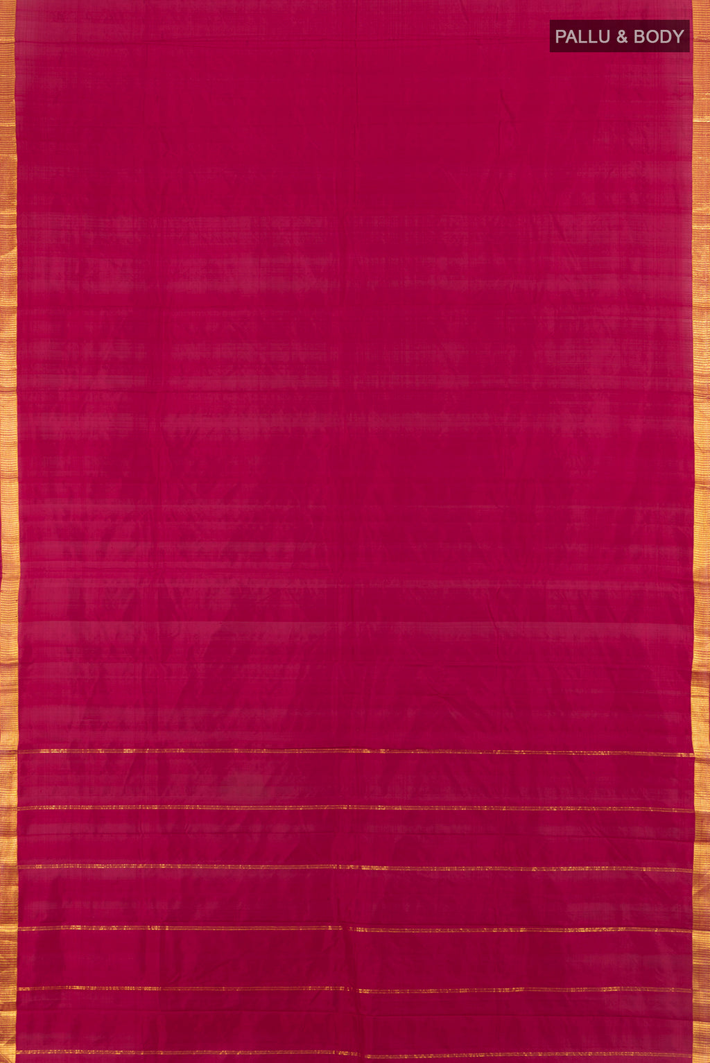 Flat view of Maroon Kanchipuram Silk Saree with Plain Body and Zari Border. 