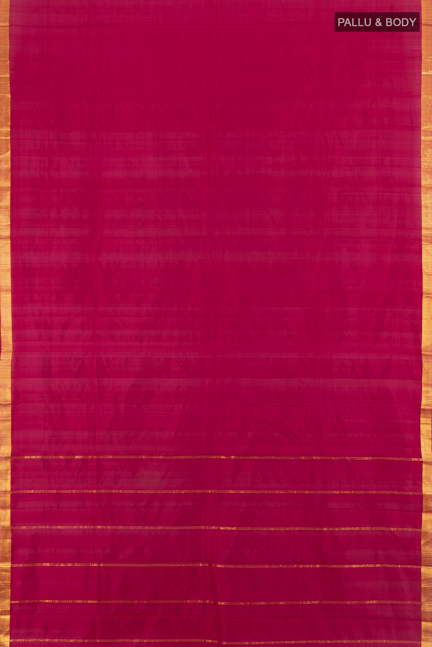 Flat view of Maroon Kanchipuram Silk Saree with Plain Body and Zari Border. 