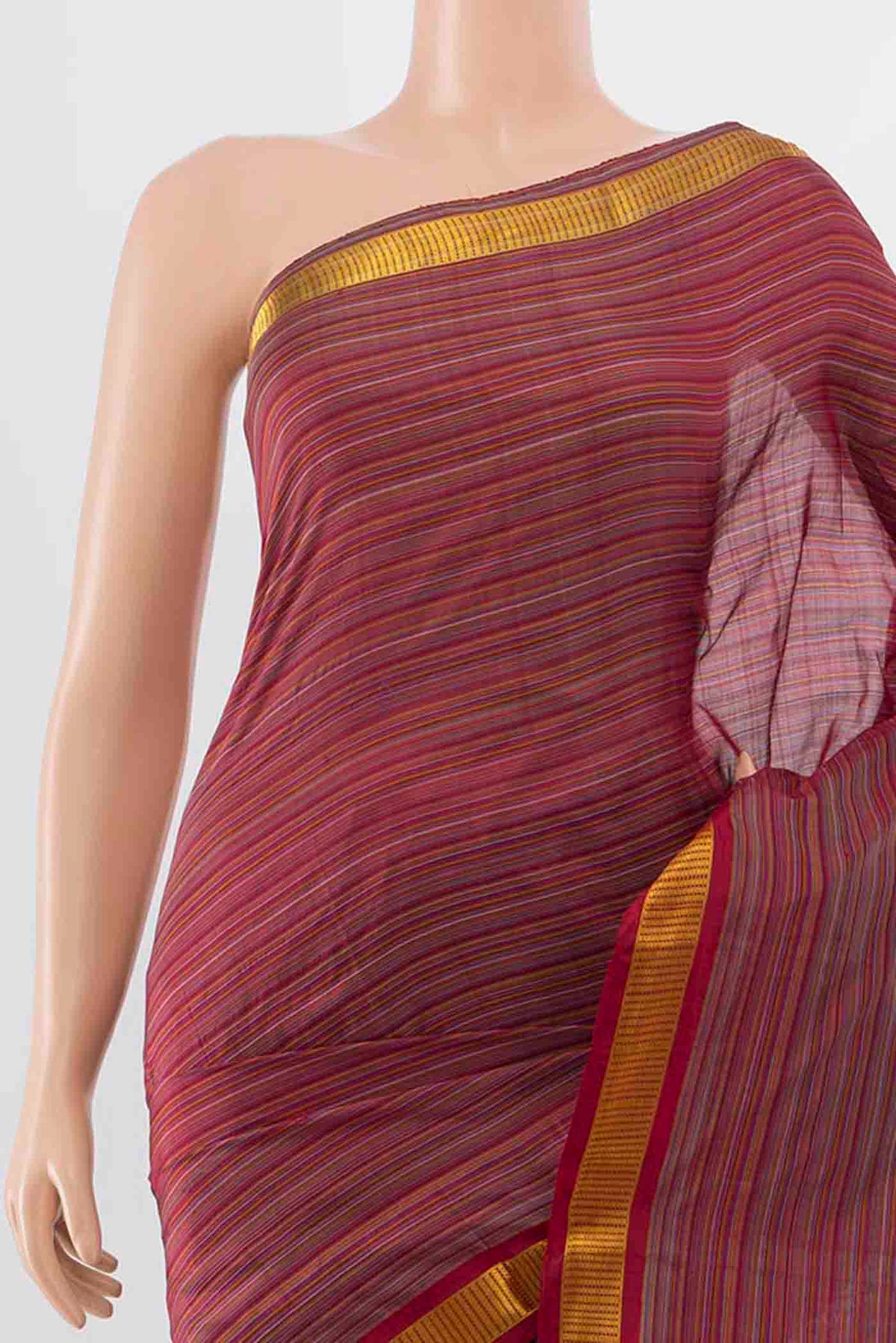 Border image of Maroon Kanchipuram Silk Saree with Stripes on the body and Zari Border