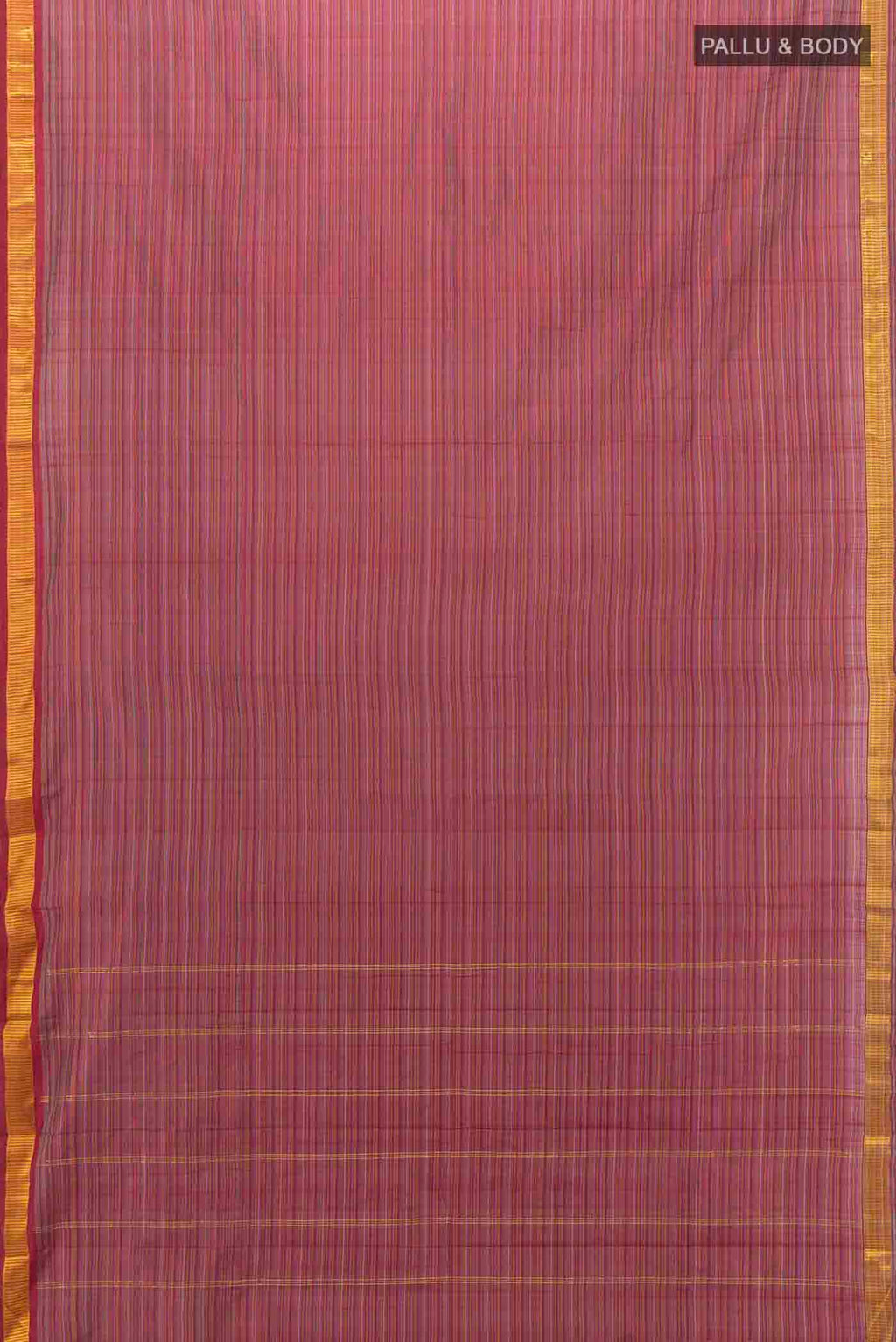 Flat view of Maroon Kanchipuram Silk Saree with Stripes on the body and Zari Border