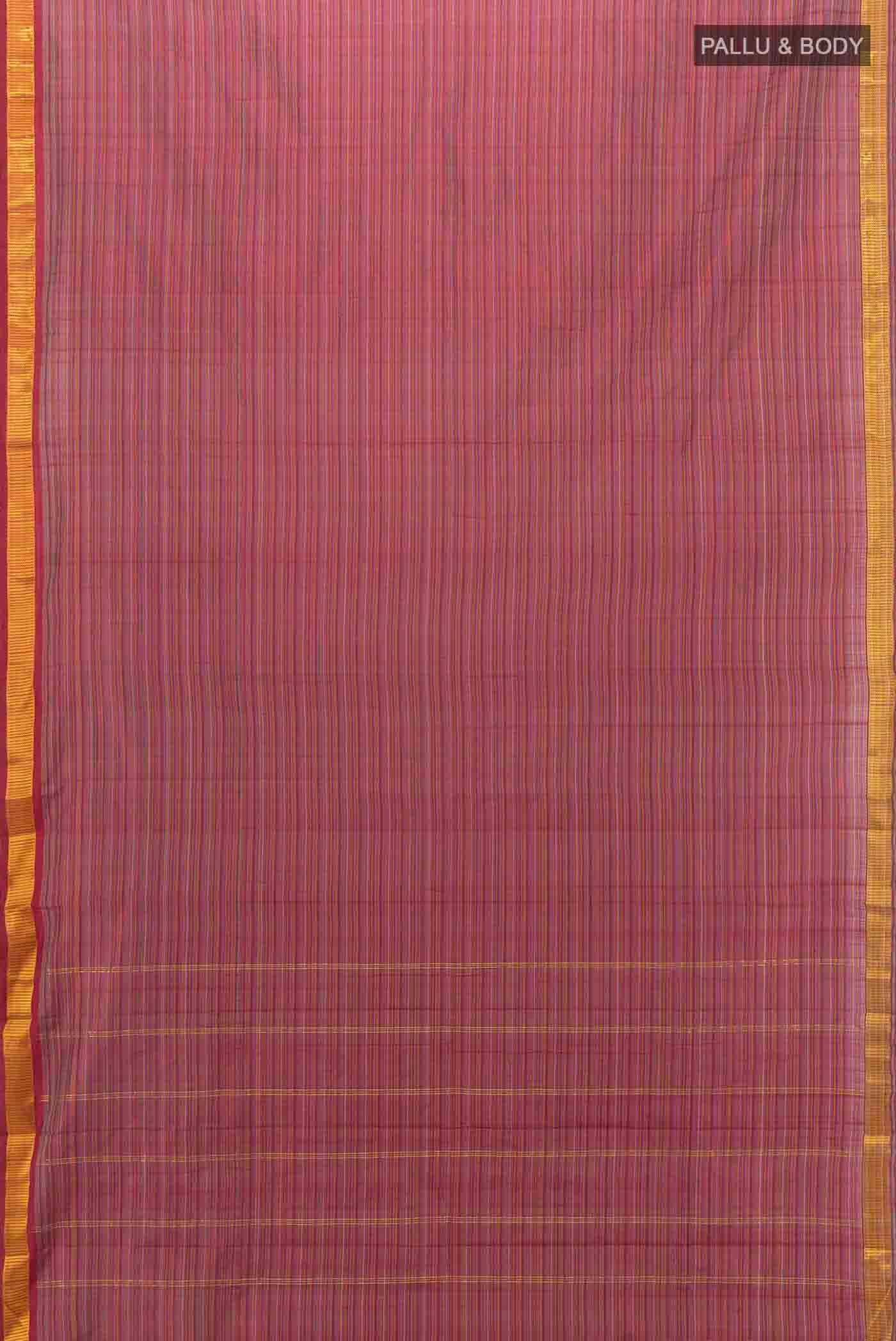 Flat view of Maroon Kanchipuram Silk Saree with Stripes on the body and Zari Border