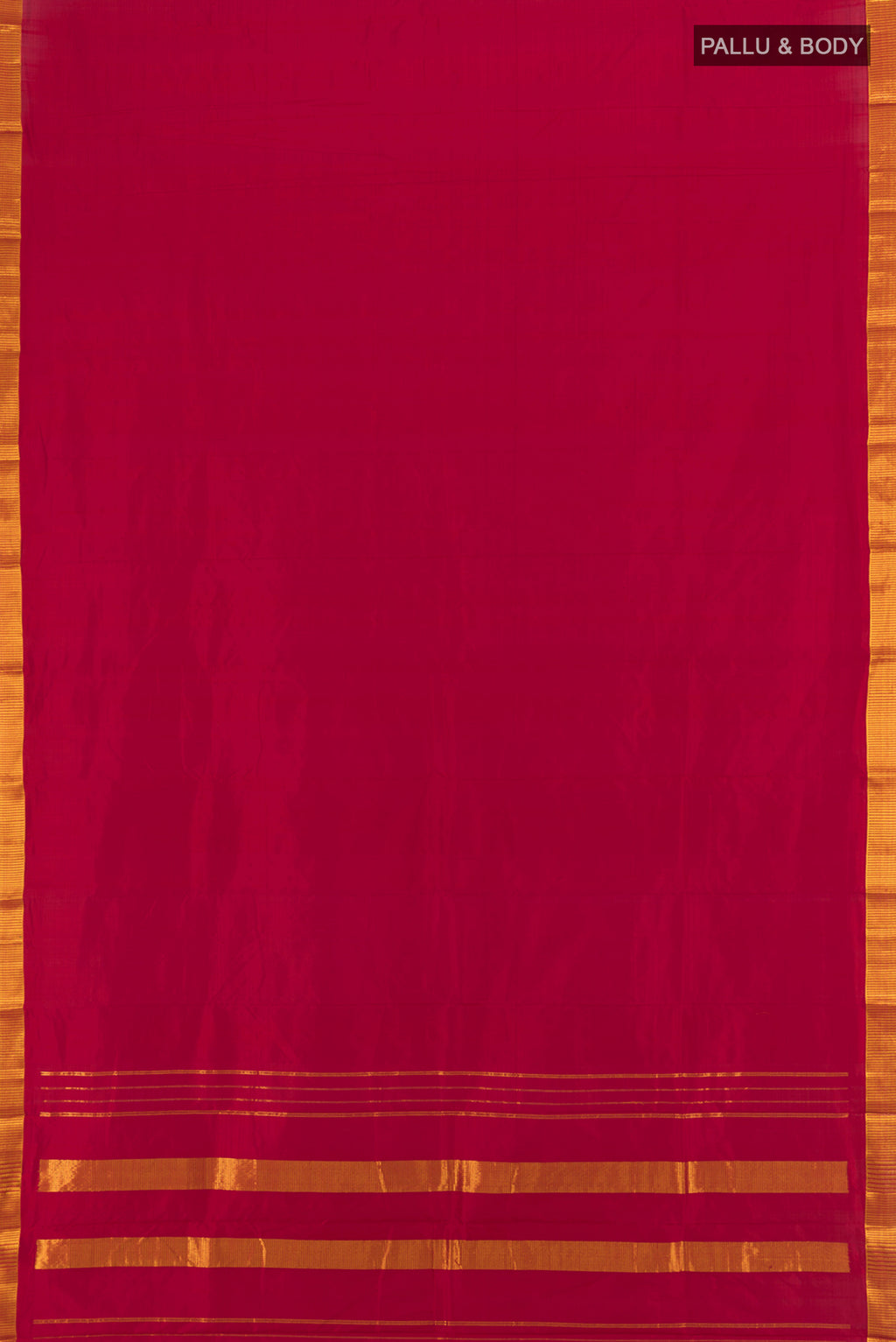 Flat view of Red Kanjivaram Silk Saree with Plain Body and Zari Border. 