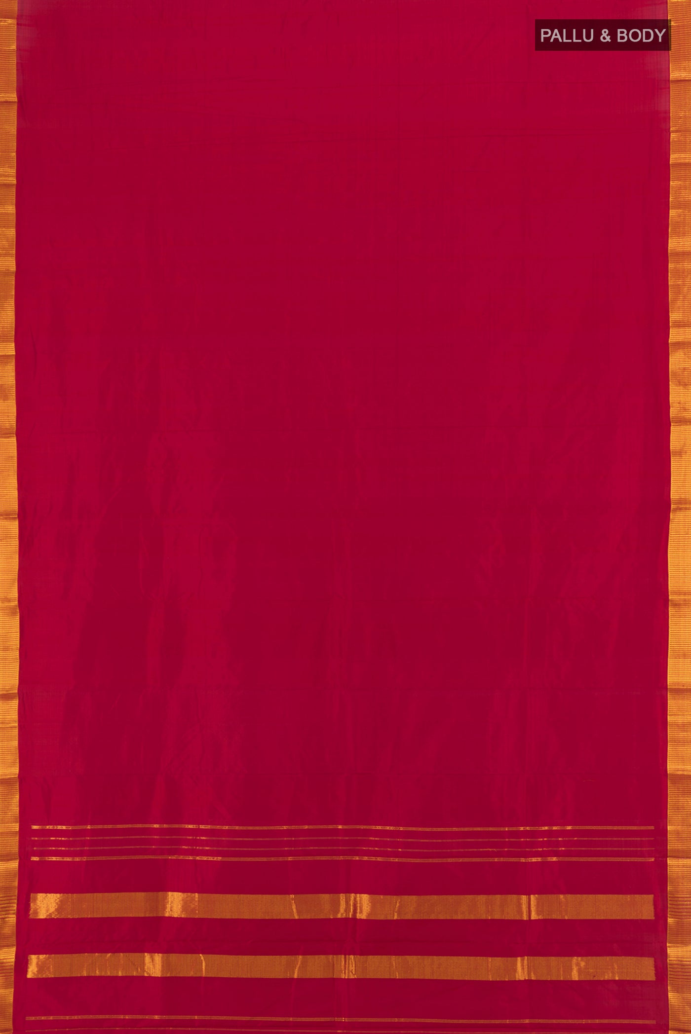 Flat view of Red Kanjivaram Silk Saree with Plain Body and Zari Border. 