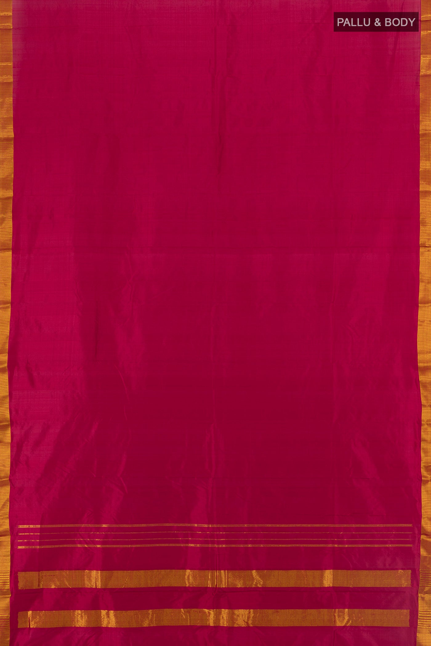Flat view of Maroon Kanjivaram Silk Saree with Plain Body and Silk Border. 