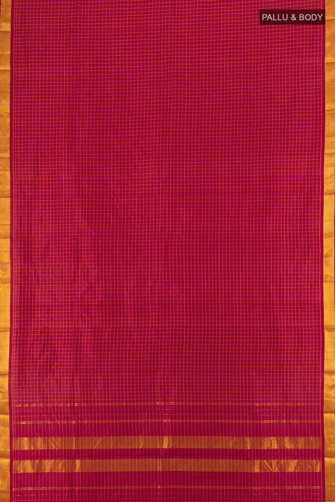 Flat view of Maroon Kanjivaram Silk Saree with Checked design on the body and Silk Border. 