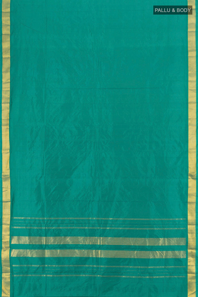Flat view of Pure Silk Pure Zari Dark Blue Kanjivaram Saree with Zari Butta on the body and Silk Border. 