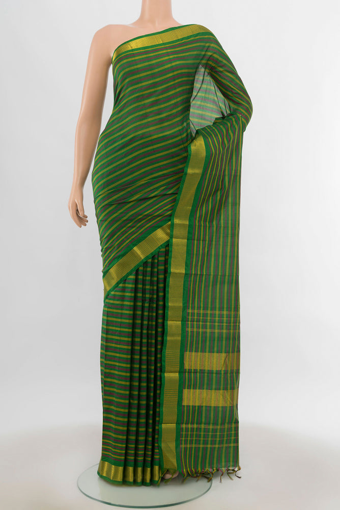 Multi Color Kanjivaram Silk Saree with Zari Butta on the body and Silk Border.  displayed on a mannequin