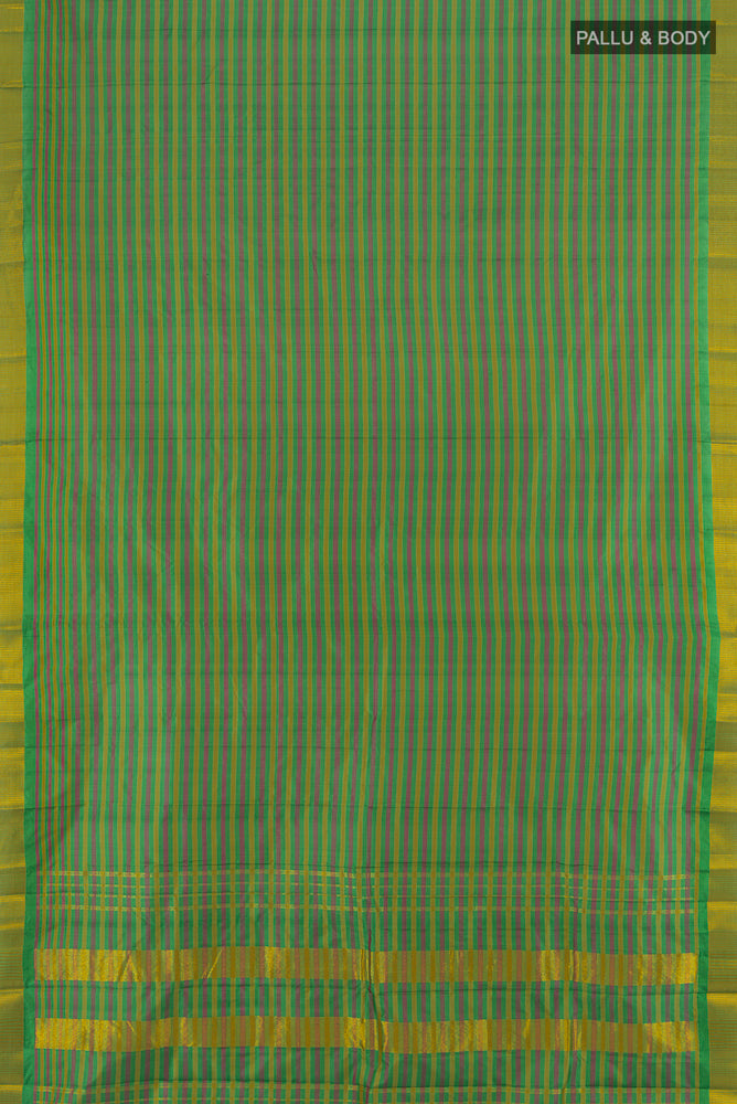 Flat view of Multi Color Kanjivaram Silk Saree with Zari Butta on the body and Silk Border. 
