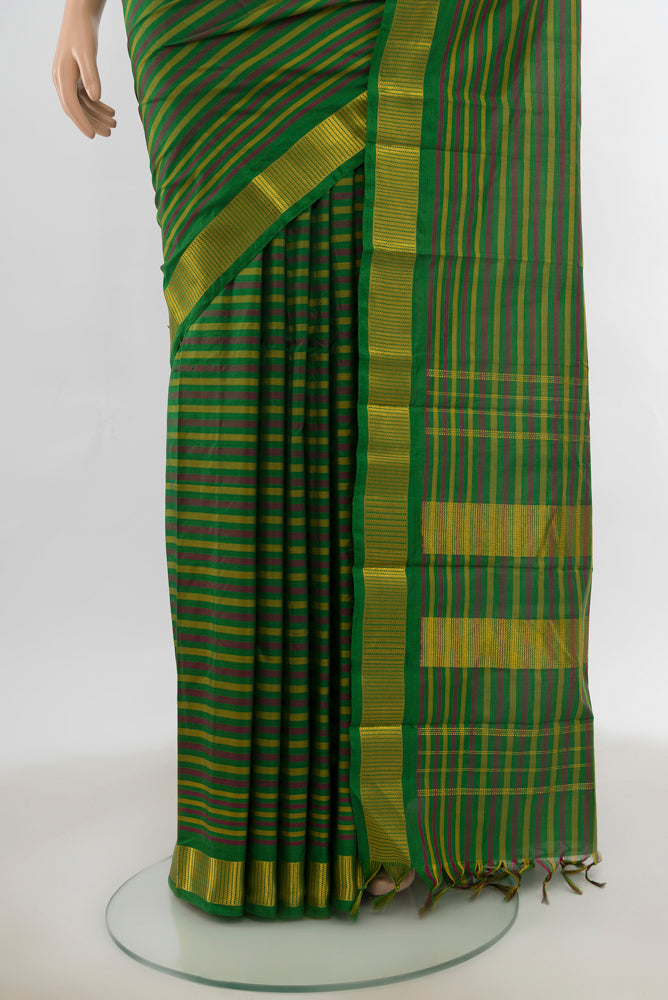 Pleats and pallu of Multi Color Kanjivaram Silk Saree with Zari Butta on the body and Silk Border. 