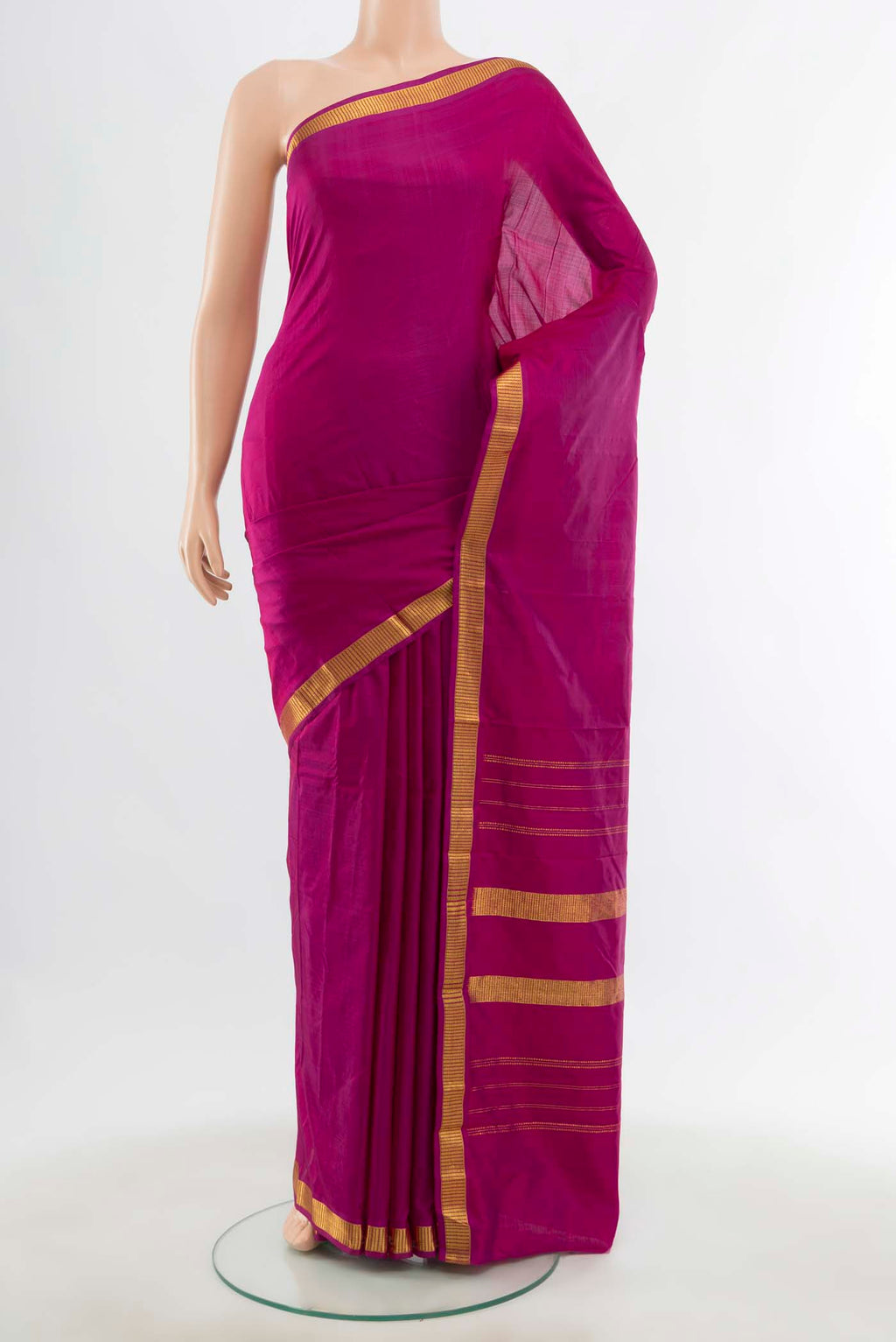 Purple Kanchipuram Silk Saree with Zari Butta on the body and Silk Border displayed on a mannequin
