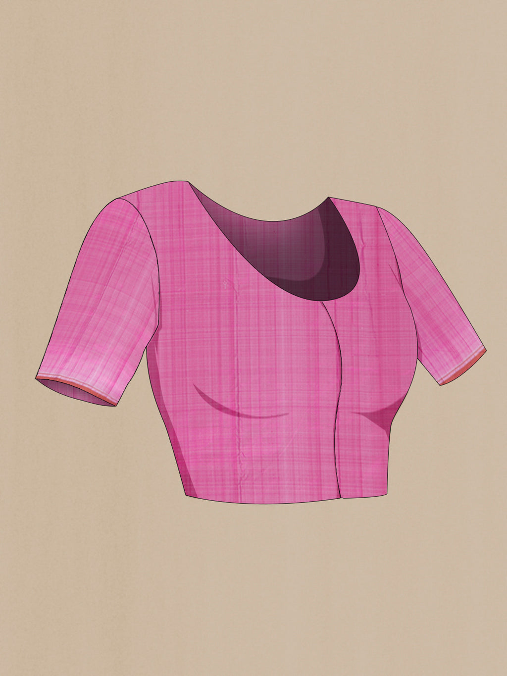 Close up image of the blouse of Pure Silk Rose pink Kanchipuram Saree with Plain Body and Thread Border. 